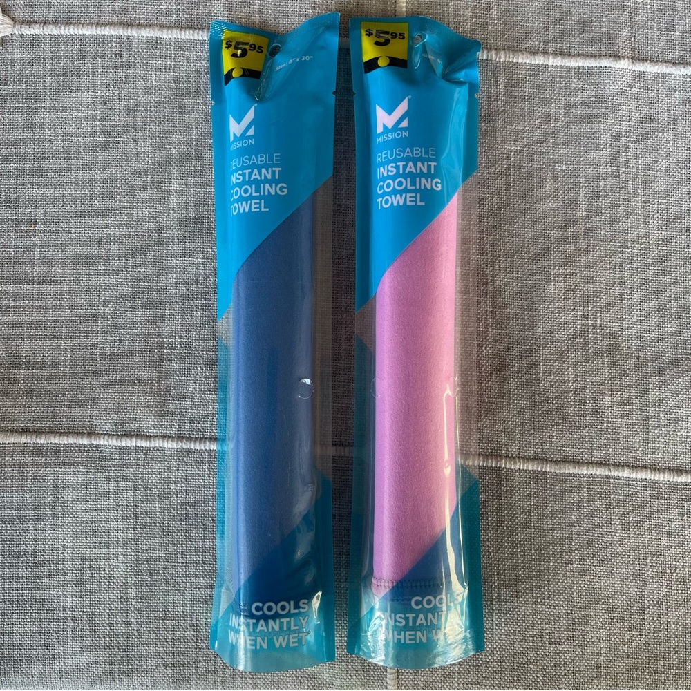 Lot of 2 Mission Reusable Instant Cooling Towel Pink & Blue 8” X 10” NEW
